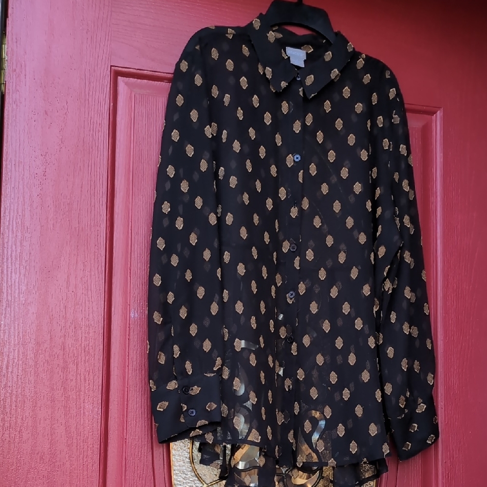 Chico's Sheer Black Blouse with Gold Accents